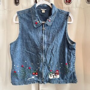 Vtg Christmas Vest Jean Jacket Womens XL‎ Denim Zip Teacher Embellished 19298x